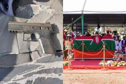 Collage photo of a pistol and casket of ODM leader Raila Odinga.